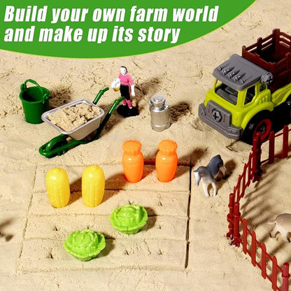Farm Sensory Bin, Farm Toys & 2.2lbs Play Sand, Farm Animals, Farm Trucks, Sand Box with Lid, Christmas Birthday Gift for Kids Toddlers Ages 3 4 5 6 7 8