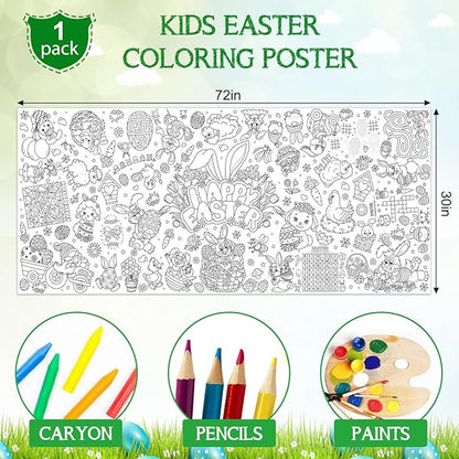 Easter Large Coloring Poster for Kids, Happy Easter Jumbo Coloring Paper Tablecloth, Bunny Eggs Color-in Craft Activities for Kids Easter School Classroom Home Party Supplies Decorations, 30 x 72 Inch