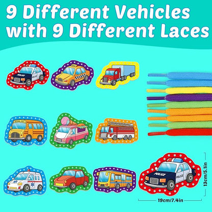 Aizweb Vehicle Lacing Cards,Sewing Kit for Toddlers, Fine Motor Skill Toys,Threading Toys for Preschoolers,Shoe Tying Practice Art and Craft for Kids Educational Kindergarten Learning Activities