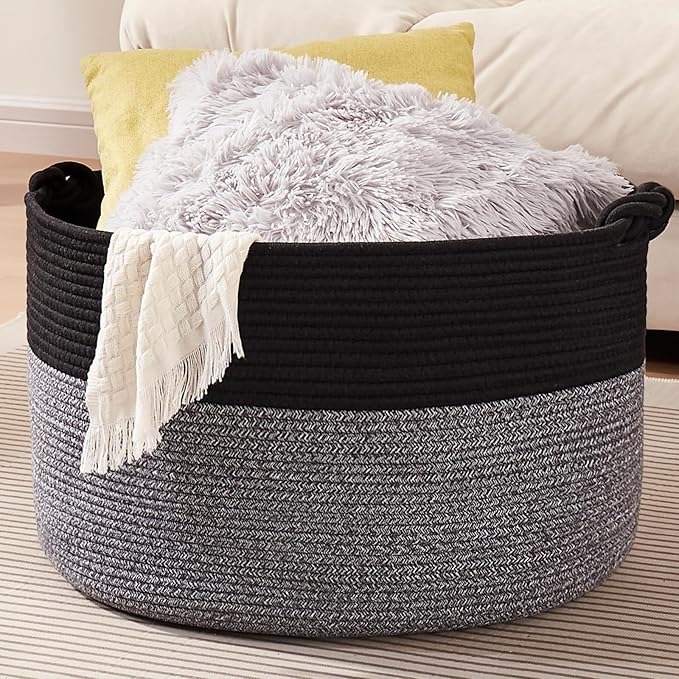 OIASKET Large Blanket Storage Basket for Living Room, 22.8" x 22.8" x 13" Woven Cotton Rope Basket with Handles, Baby Toy Storage, Laundry Hamper for Clothes, Pillows, Towels-Black and Grey
