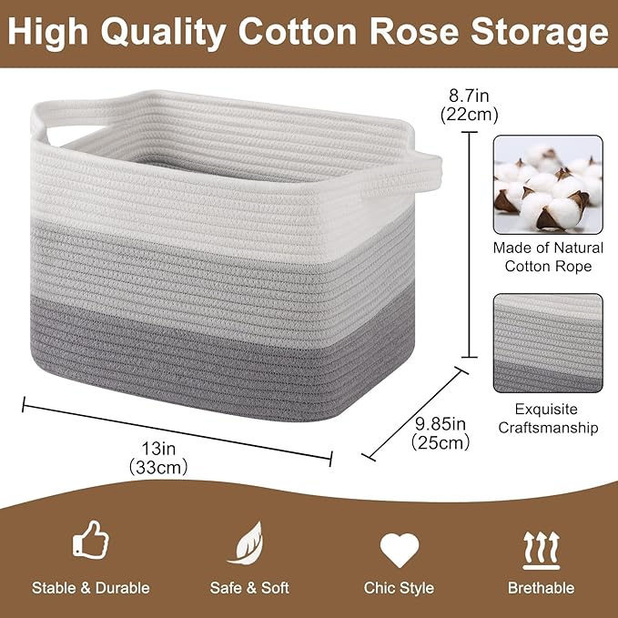 OIASKET Storage Basket for Organizing, Woven Baskets for Storage, Rectangle Decorative Baskets for Shleves, Closet, Toys, Books, Nursery Organizer Bins - Pack of 3 (Gradient Gray, 13"x9.85"x8.7")
