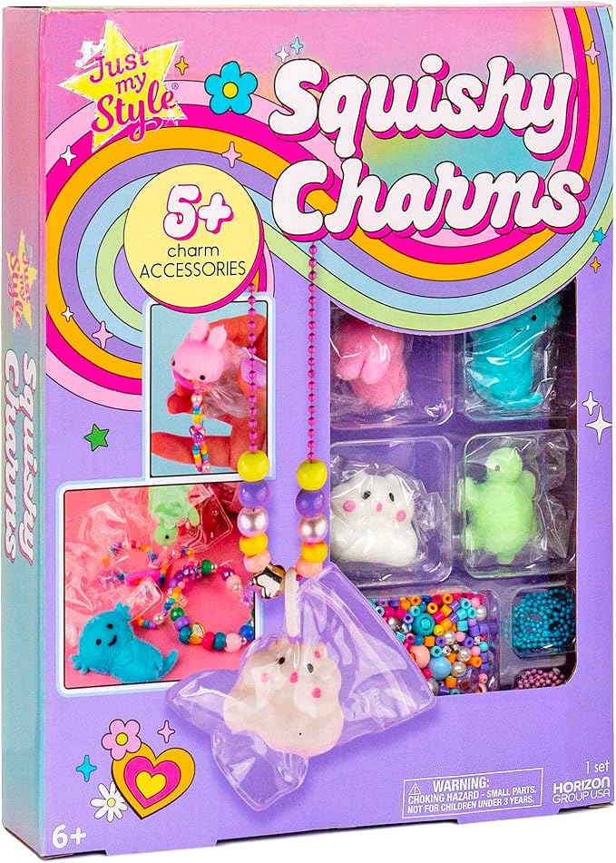 Just My Style Squishy Charms, Create 5 Squishy Bag Charms, Necklaces, Friendship Bracelets with Kawaii TPR Squishies in Pouches & Beads for Jewelry Making, Unique Jewelry Making Kit, Gifts for Girls