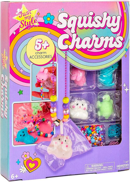 Just My Style Squishy Charms, Create 5 Squishy Bag Charms, Necklaces, Friendship Bracelets with Kawaii TPR Squishies in Pouches & Beads for Jewelry Making, Unique Jewelry Making Kit, Gifts for Girls