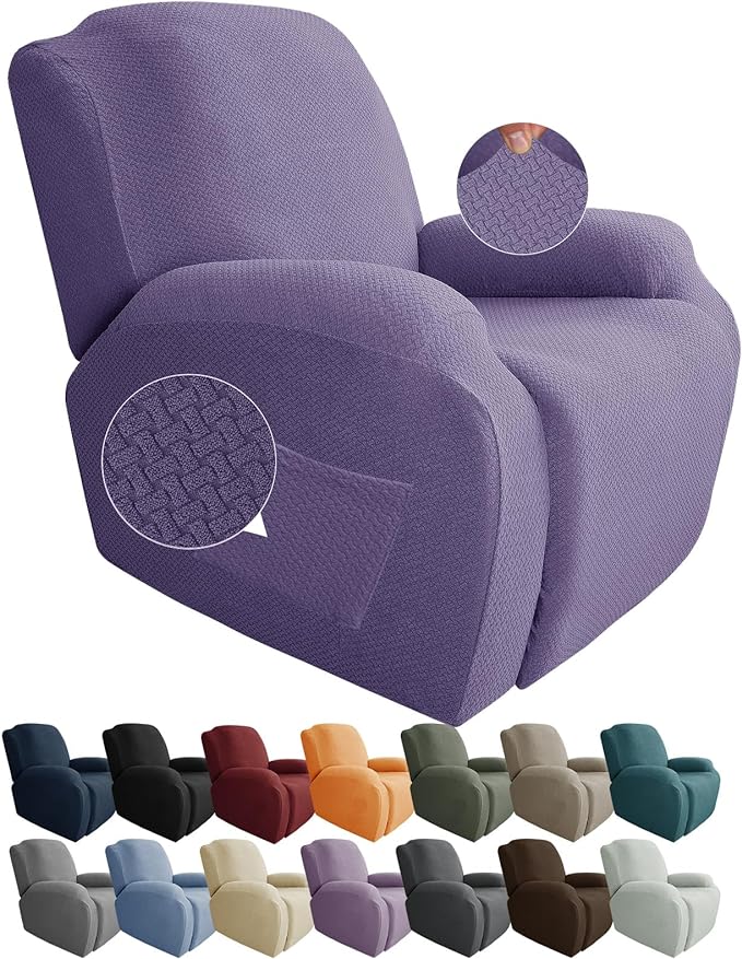 JIVINER 4-Piece Recliner Chair Covers Stretch Jacquard Covers for Recliner Chair Recliner Slipcovers for Living Room Soft Recliner Protector with Pocket (Recliner, Light Purple)