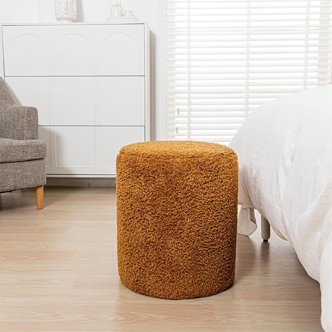 Round Ottoman Soft Chair 14.6x14.6x18 Inches Boucle Ottoman Multifunctional Vanity Chairs for Makeup Fluffy Fur Ottoman Stool Pouf Footrest Stool for Living Room Bedroom (Coffee)