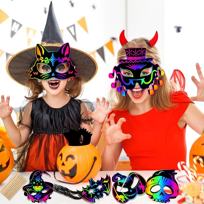 JMUQ Halloween Scratch Mask Games for Kids, 72Pcs Halloween Scratch Art Craft Kit Rainbow Scratch Paper Art for Halloween Party Favors Supplies Halloween Classroom Favors Halloween Activities