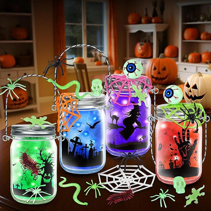 SpringFlower Halloween Craft for Kids, Halloween Mason Jar with Accessories,Halloween Art Activities Party Favors Supplies, Halloween DIY Lantern Jar,4 Pack