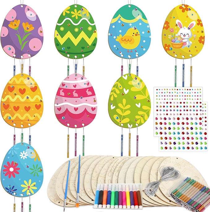 16 Pack Easter Egg Wind Chime Kits Easter Crafts for Kids Make Your Own Easter Egg Wind Chime Wooden DIY Arts and Crafts for Spring Party School Classroom Hanging Decoration Supplies Birthday Favors
