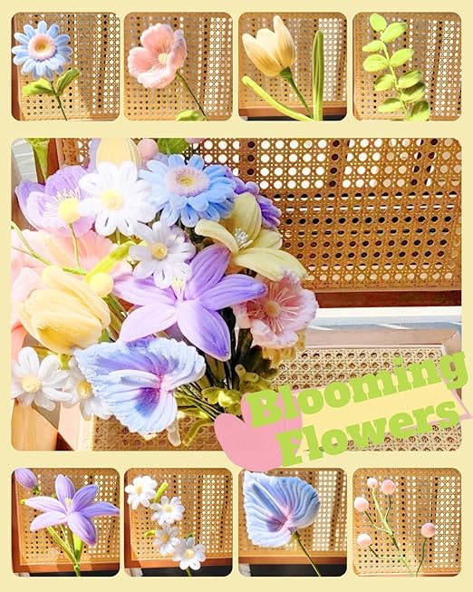 YYUENGTAK 500 Pcs Pipe Cleaner Flower kit with tutoria,Pipe Cleaners Craft(6 Colors)，Chenille Stems Flowers Craft kit with 20 pcs Green Floral Wires,Gardening Tape,Stamen(2 Colors),Pearl Beads,pompoms