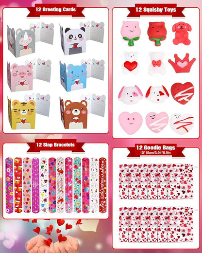 FEBALHS Party Favors for Kids, 48pcs Animal Valentines Exchange Gifts for Classroom School with Valentines Day Cards Goodie Bags Slap Bracelets Squishy Toys
