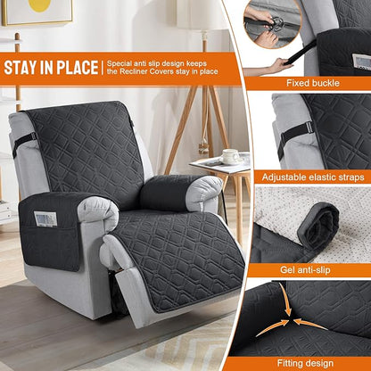 VANSOFY 100% Waterproof Recliner Chair Covers, Recliner Cover Non-Slip Dog Chair Cover Furniture Protector Washable Slipcover with Pocket, Elastic Straps for Pets, Dogs(Black, 28")