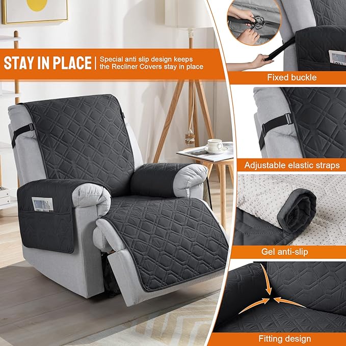 VANSOFY 100% Waterproof Recliner Chair Covers, Recliner Cover Non-Slip Dog Chair Cover Furniture Protector Washable Slipcover with Pocket, Elastic Straps for Pets, Dogs(Black, 30")