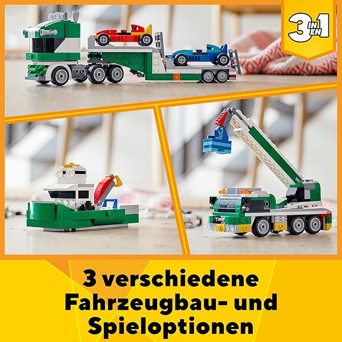 LEGO 31113 Creator 3-in-1 Racing Car Transporter Construction Game Truck with Trailer, Crane and Tug, Gift Idea for Children