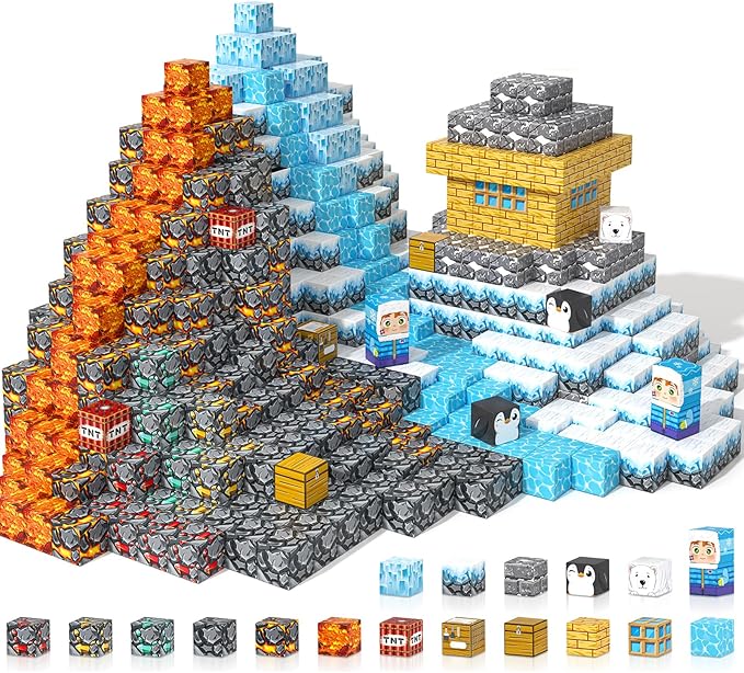 Gooidea Large Magnetic Blocks 110PCS Ice Fire World Inspired Playset Kids Magnet Toys 1 inch Building Cubes Magworld Add-on Building Craft Sensory Toys Game Gifts for Kids Ages 3-5 4-6 5-7 8-12