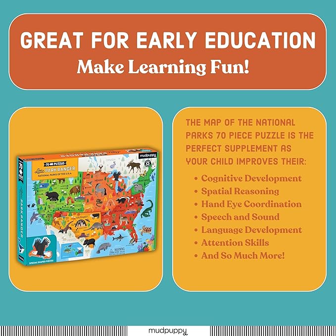 Mudpuppy National Parks Map – 70 Piece Geography Puzzle with Special Shaped Pieces Featuring Famous National Parks and Animals Across The United States