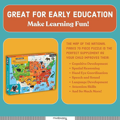 Mudpuppy National Parks Map – 70 Piece Geography Puzzle with Special Shaped Pieces Featuring Famous National Parks and Animals Across The United States