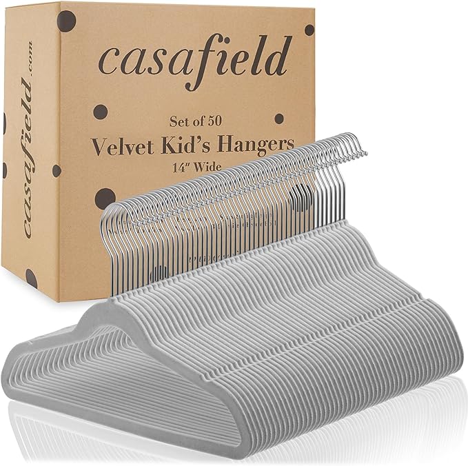 Casafield 50 Velvet Kid's Hangers - 14" Size for Children's Clothes - Gray