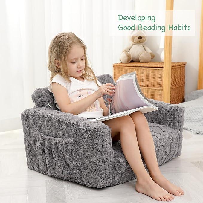 Kids Sofa, Toddler Chair, 2-in-1 Flannel Kids Fold Out Couch, Toddler Convertible Sofa to Lounger, Flip Open Toddler Couch for Kids (Grey)