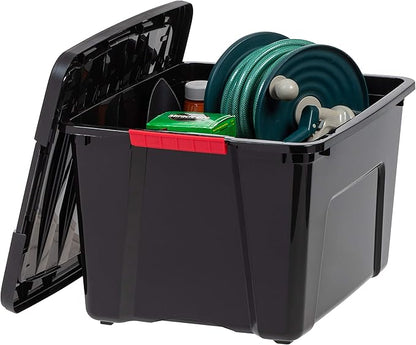 IRIS USA 40 Qt Stackable Plastic Storage Bins with Lids, 6 Pack - BPA-Free, Made in USA - Garage Organizing Solution, Latches, Durable Nestable Containers, Secure Pull Handle - Black