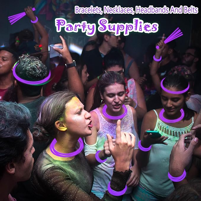 100 pk 8" Purple Glow Sticks Bulk Party Favors, Light up Glow Necklaces & Bracelets in the Dark Party Supplies For Christmas Halloween Mardi Gras Birthday Neon Party (100 * Purple)