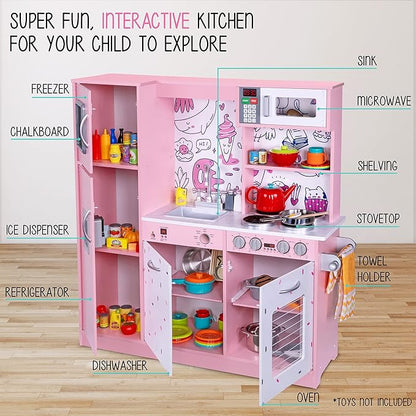 Lil' Jumbl Kids Kitchen Set, Pretend Wooden Play Kitchen, Battery Operated Icemaker & Microwave with Realistic Sound, Pots & Pan Included - Pink