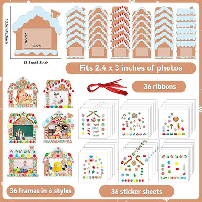 Qyeahkj 36 Packs Christmas Picture Frame Craft Kits for Kids, DIY Christmas Candy with Gingerbread House Peppermint Crafts for Holiday Xmas Photo Frames Art Favor Home Classroom Game Activities