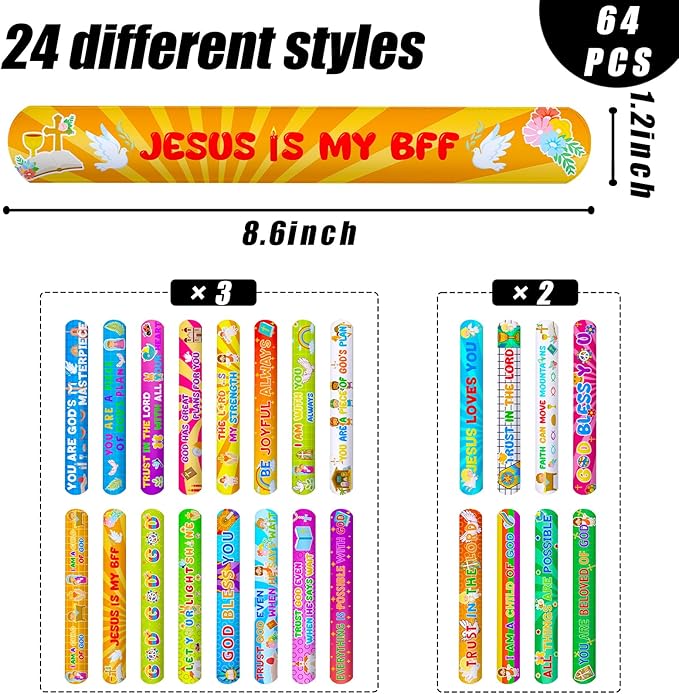 MCPINKY 64PCS Christian Slap Bracelets, Bible Verses Religious Slap Bracelets Snap Wristbands for Kids Sunday School Gifts Classroom Prizes