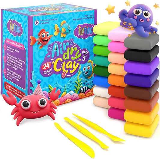 FlyFlag Air Dry Clay Kit - 24 Colors, Soft & Ultra Light, Modeling Clay for Kids with Accessories, Tools and Tutorials