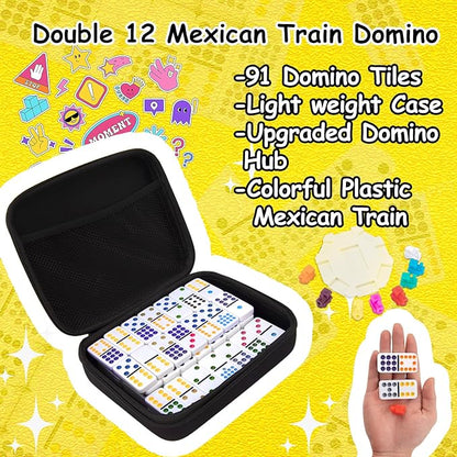 Mexican Train Dominoes Game Set, Double 12 Colored Dot Dominoes with Update Hub, Travel Domino Train Game with 91 Tiles and Portable Carry Case, Family Board Team Games for Kids and Adults