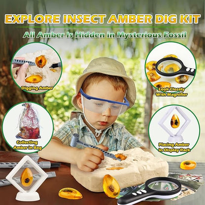 Amber Dig Kit - Insects in Resin, 8 Insects Specimens Excavation Kit, Gemstone Bugs for Kids, Fossil Bug Toys Dig Kits for Bugs Collection, Insect Toys for Boys Girls 6 and up Year Old Birthday Gifts