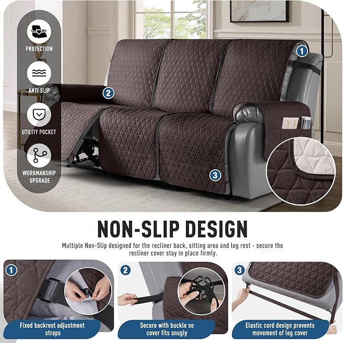 TAOCOCO 100% Waterproof Recliner Sofa Cover-Non Slip Split Couch Covers for Reclining Couches with Elastic Straps,Couch Covers for 3 Cushion Couch Sofa Pet Friendly(Chocolate, 3 Seater)