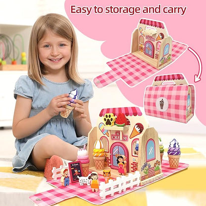Wooden Ice Cream Shop Set with Handbag, 39 Pcs Pretend Play Food Toys for Kids, Montessori Kitchen Playset Accessories for Toddlers Girls Boys 3 4 5