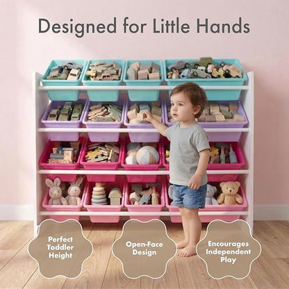 Humble Crew Toy Storage Organizer with 16 Removable Storage Bins for Kids Playroom, 4-Tier Toddler Toy Organization and Storage, White/Blue/Pink/Purple