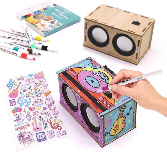 DIY STEM Projects Educational Exploration Speaker Box Kit Build Personalized Wood Case Speaker Set Science Electronics Experiment Kit Learning STEM Gifts for Teens and Adults