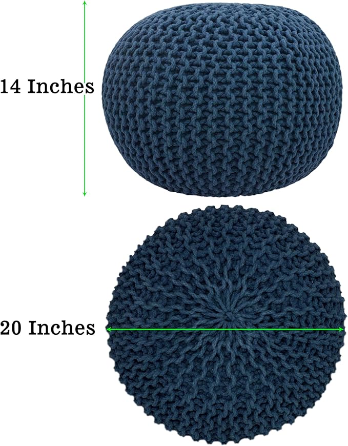 COTTON CRAFT - Hand Knitted Cable Style Dori Pouf - Blue - Floor Ottoman - Cotton Braid Cord - Handmade & Hand Stitched - Truly one of a Kind Seating - 20 Dia x 14 High