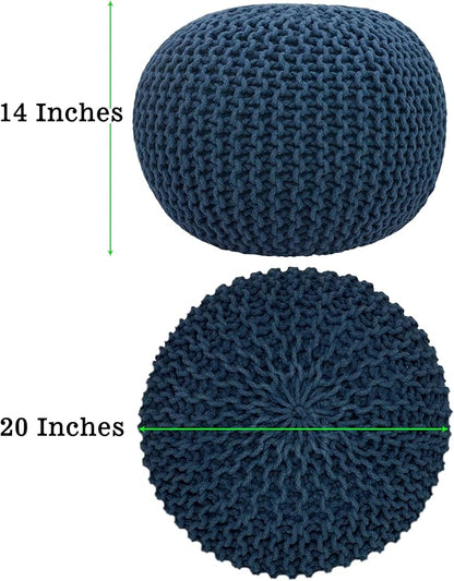 COTTON CRAFT - Hand Knitted Cable Style Dori Pouf - Blue - Floor Ottoman - Cotton Braid Cord - Handmade & Hand Stitched - Truly one of a Kind Seating - 20 Dia x 14 High