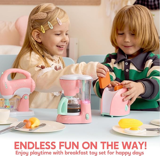 Joyin Play Kitchen Toys, Pretend Food Kitchen Accessories Girls Toy with Coffee Maker, Mixer, Toaster with Realistic Lights& Sounds, Birthday Gift for Kids