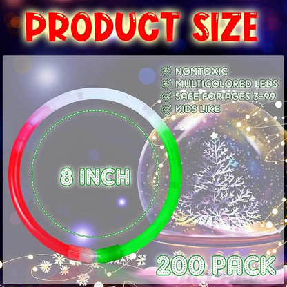 Hanaive 200 Pcs Christmas 8'' Glow Stick Bracelet Bulk Red Green White Glow Stick Bracelet Glow in the Dark Christmas Party Supplies Light up Bracelet for Neon Birthday Memorial Day Favors