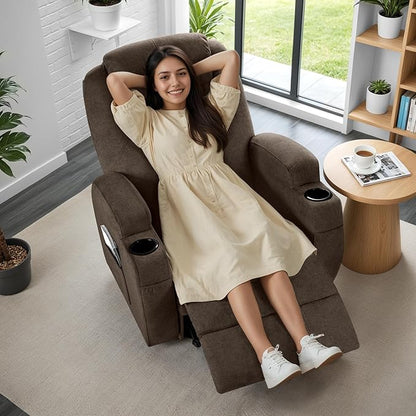 Recliner Chair, 360° Swivel Rocker Chair for Adults, Rocking Recliner Chair with Massage, Comfy Single Sofa with Side Pockets Cup Holders for Living Room, Bedroom, Nursery (Fabric, Brown)