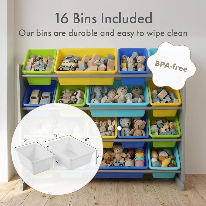 Humble Crew Toy Storage Organizer with 16 Removable Storage Bins for Kids Playroom, 4-Tier Toddler Toy Organization and Storage, Grey/Blue/Green/Yellow