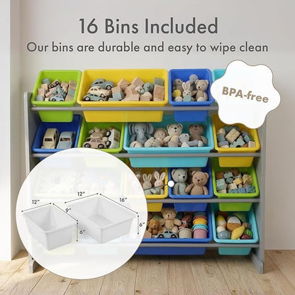 Humble Crew Toy Storage Organizer with 16 Removable Storage Bins for Kids Playroom, 4-Tier Toddler Toy Organization and Storage, Grey/Blue/Green/Yellow