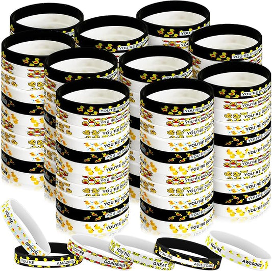 Poen 120 Pcs Yellow Duck Silicone Bracelets Bulk White and Black Duck Wristband Duck Party Favors Duck Rubber Wristband for Summer Christmas Birthday Duck Party decoration Supplies