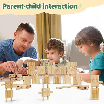 Stacking Blocks for Toddlers 1-3, Natural Wooden Blocks, 44 Pcs Stacking Building Block Toy Set, Early Learning Toys & Gifts for Kids, Montessori Toys with Canvas Storage Bag, Boys & Girls 12+ Months