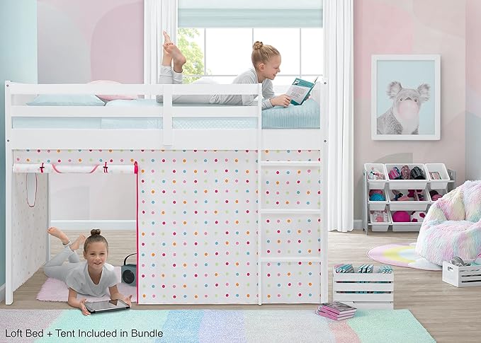 Delta Children Twin Loft Bed with Guardrail and Ladder + Tent [Bundle], White/Dots