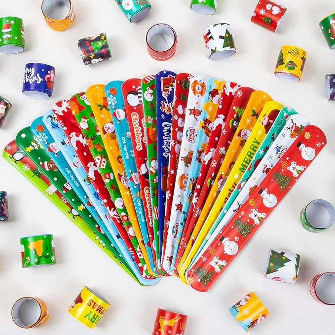 48 Pieces Christmas Slap Bracelets for Kids, 24 Styles Colorful Christmas Slap Wristbands Bulk for Kids Christmas Party Favors Toys Prizes Goodie Bags Fillers