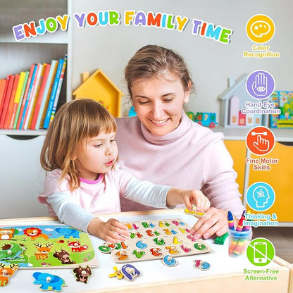 6 Pack Wooden Puzzles for Toddlers, Peg Toddler Puzzles Include Alphabet Number Shape Animals Vehicle Farm Puzzles with Storage Rack Preschool Educational Learning Toys for 1 2 3 4 5 Boys Girls