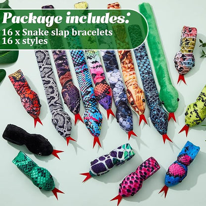 Chivao 16 Pcs Snake Slap Bracelets Reptile Snap Bracelets Fuzzy Animal Snake Bracelet Stuffed Snap Bands Slap Snakes for Birthday Party Favors(Snake Style)