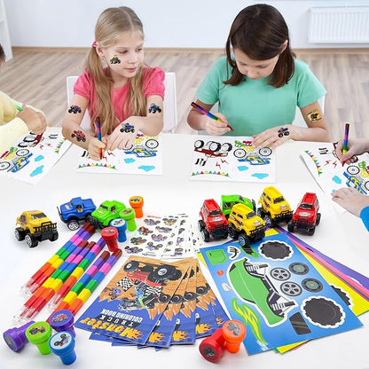 Cinrobiye 72Pcs Monster Truck Coloring Book with Crayons Bulk，Truck Car Party Favors Goodie Bags Fillers，Hot Wheels Birthday Party Supplies Face Stickers Tattoo Prizes Gift for Monster Truck Party