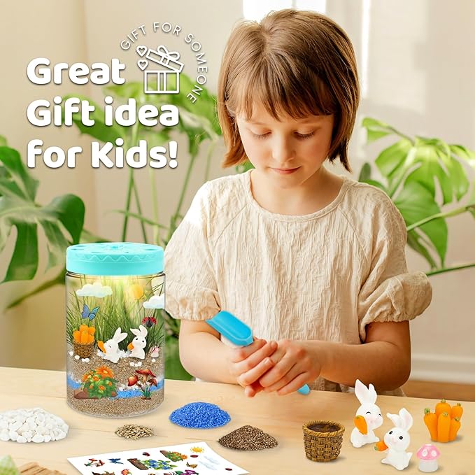 Rabbit Light Up Terrarium Kit for Kids,Bunny Gardening Kit for Boys and Girls,DIY Creative Educational Toy, Arts Crafts Activity,Birthday Easter for Ages 4 5 6 7 8-12