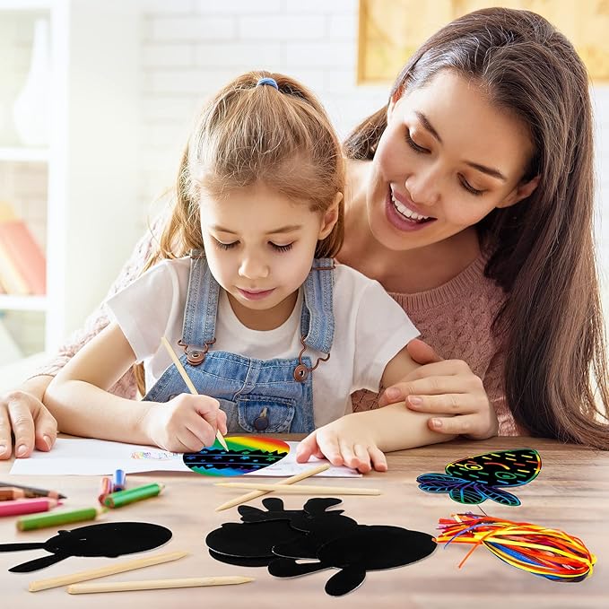 48 Pcs Easter Scratch Crafts for Kids, Rabbit Bunny Carrot Easter Egg Rainbow Scratch Paper Ornaments with Wooden Stick and Ribbon for Easter Party Favors